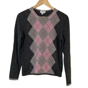 Charter Club Womens Gray Pink Argyle 2 Ply Cashmere Sweater Size Medium Classic